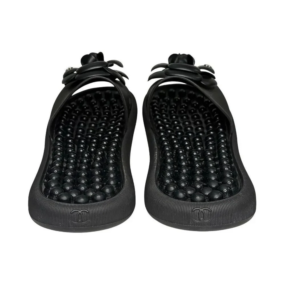 Chanel Camellia CC Mules Black Thermoplastic/PVC Slip on Slides EU 37 US 5.5-6